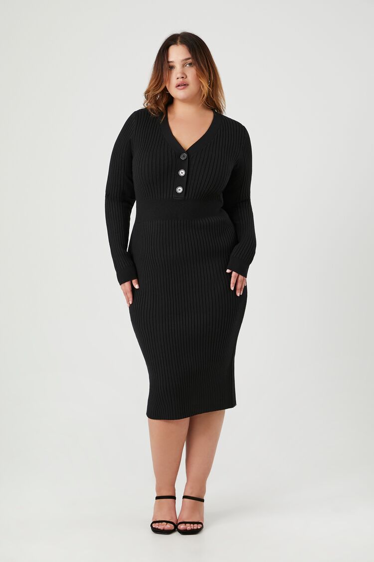 Forever 21 Knit Plus Women's Half-Button Sweater Midi Winter Dress Black