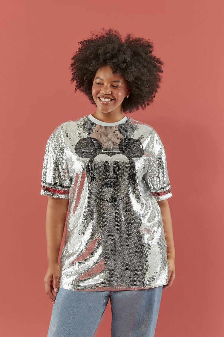 Forever 21 Plus Women's Disney Sequin Mickey Mouse T-Shirt Silver/Multi