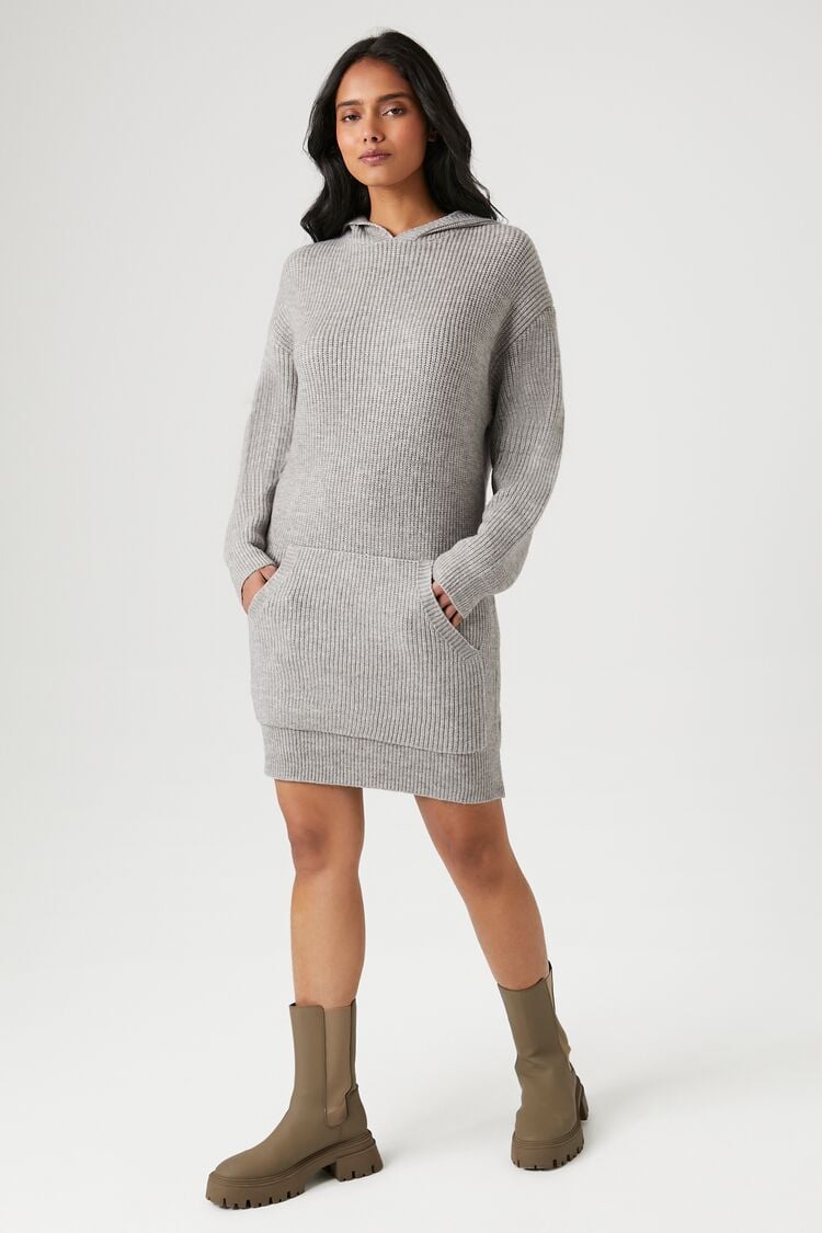 Forever 21 Knit Women's Hooded Mini Sweater Winter Dress Grey