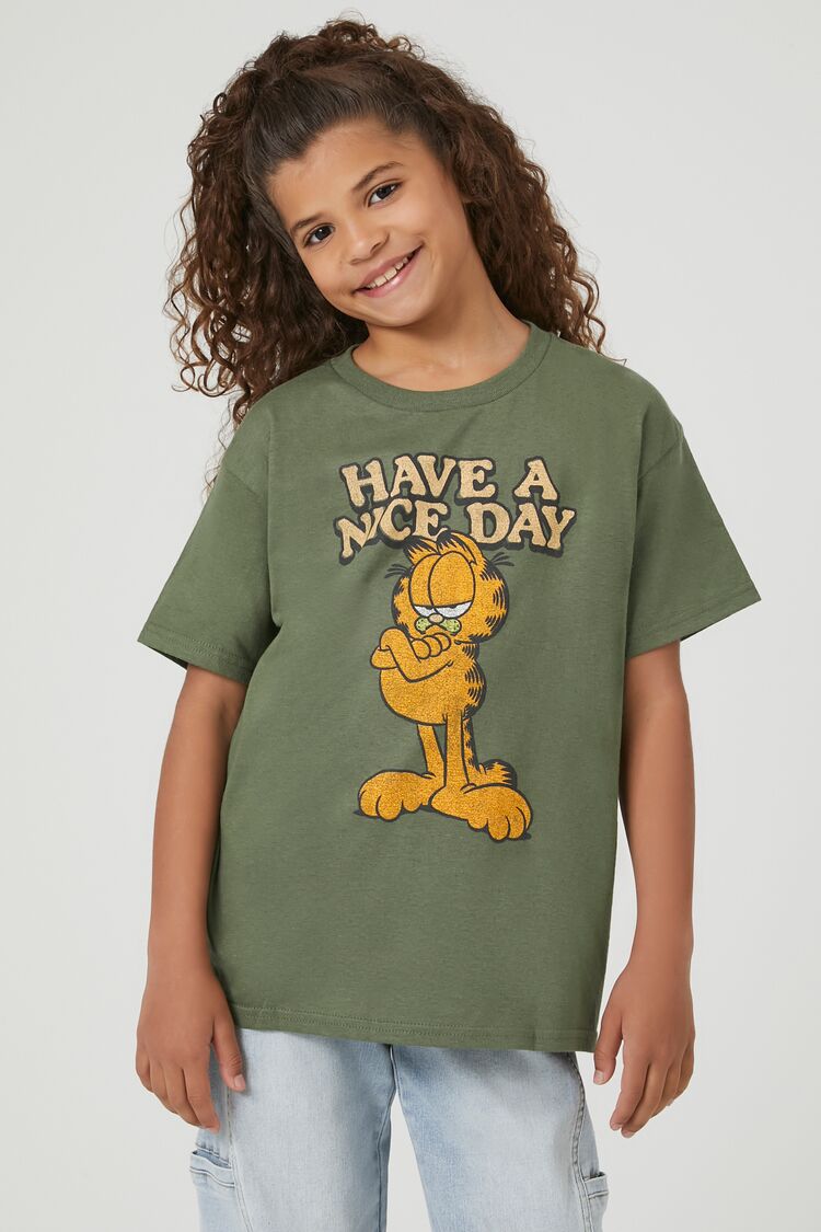 Forever 21 Girls Have A Nice Day Garfield T-Shirt (Kids) Green/Multi