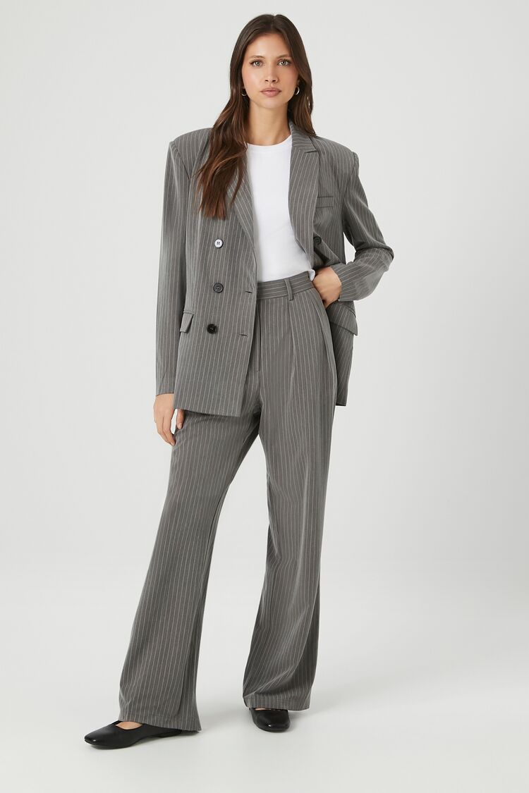 Forever 21 Women's Pinstriped Blazer & Pants Set Grey/White