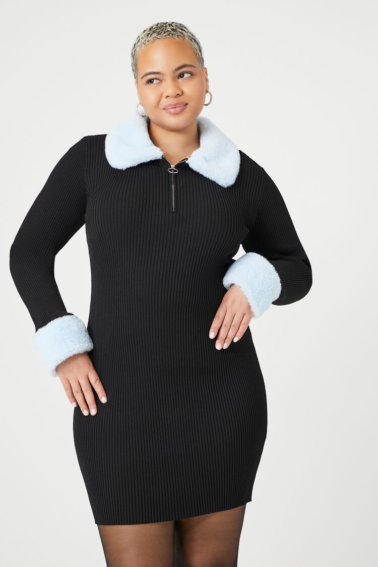 Forever 21 Knit Plus Women's Faux Shearling/Sherpa-Trim Sweater Winter Dress Black/Light Blue