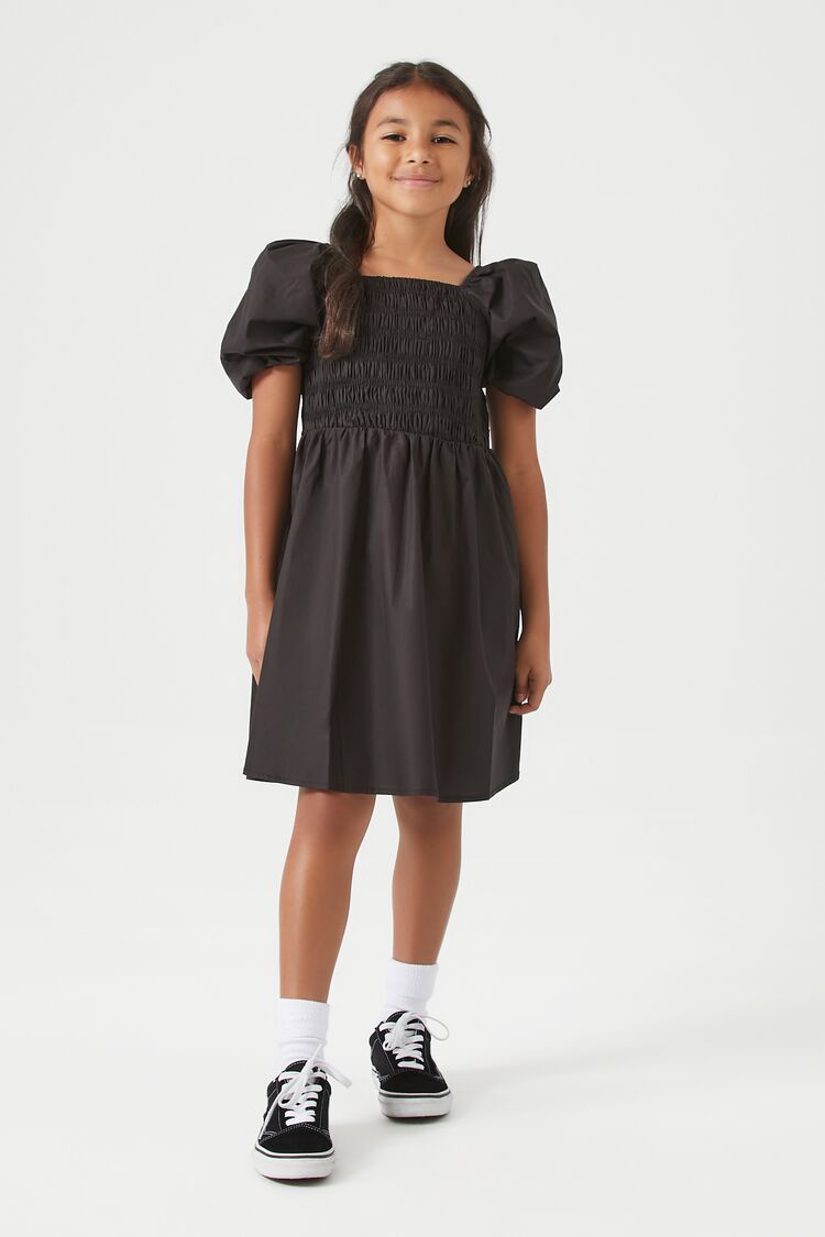 Forever 21 Girls Poplin Puff-Sleeve Dress (Kids) Black