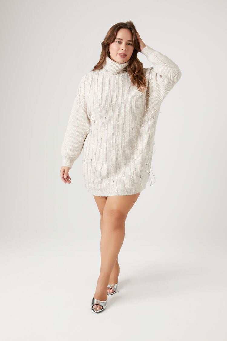 Forever 21 Knit Plus Women's Rhinestone Sweater Mini Winter Dress Goat/Multi