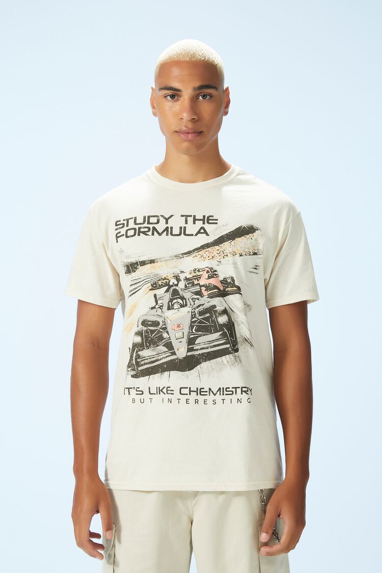 Forever 21 men's Racer Study The Formula Graphic T-Shirt Cream/Multi