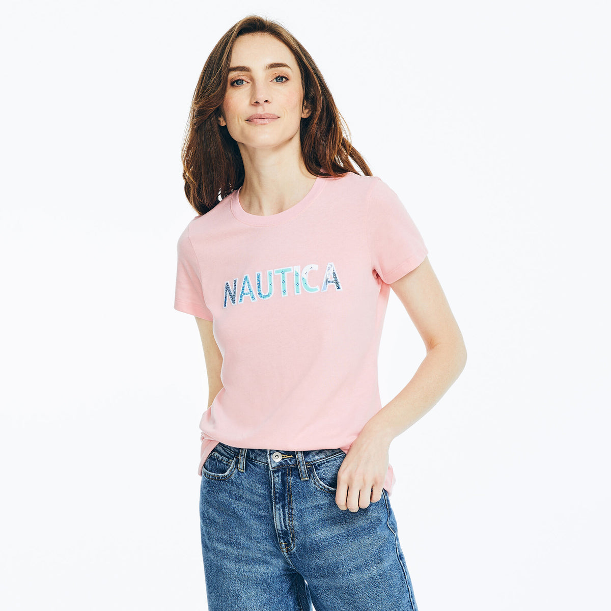 Nautica Women's Sustainably Crafted Embroidered Logo Graphic T-Shirt Prism Pink
