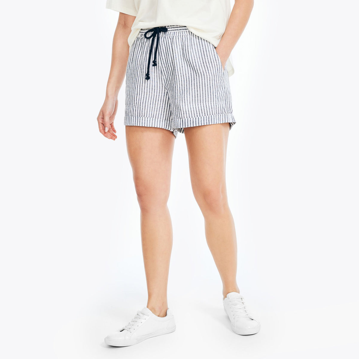 Nautica Women's 4.5" Sustainably Crafted Pull-On Striped Short Stellar Blue Heather