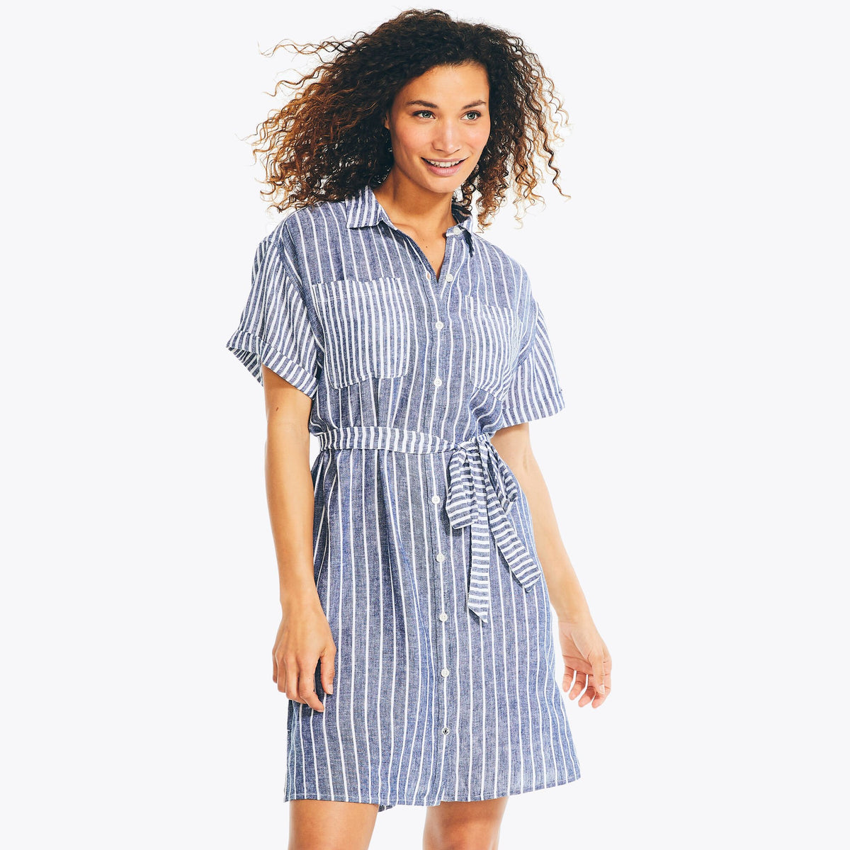 Nautica Women's Sustainably Crafted Striped Shirt Dress Bright White