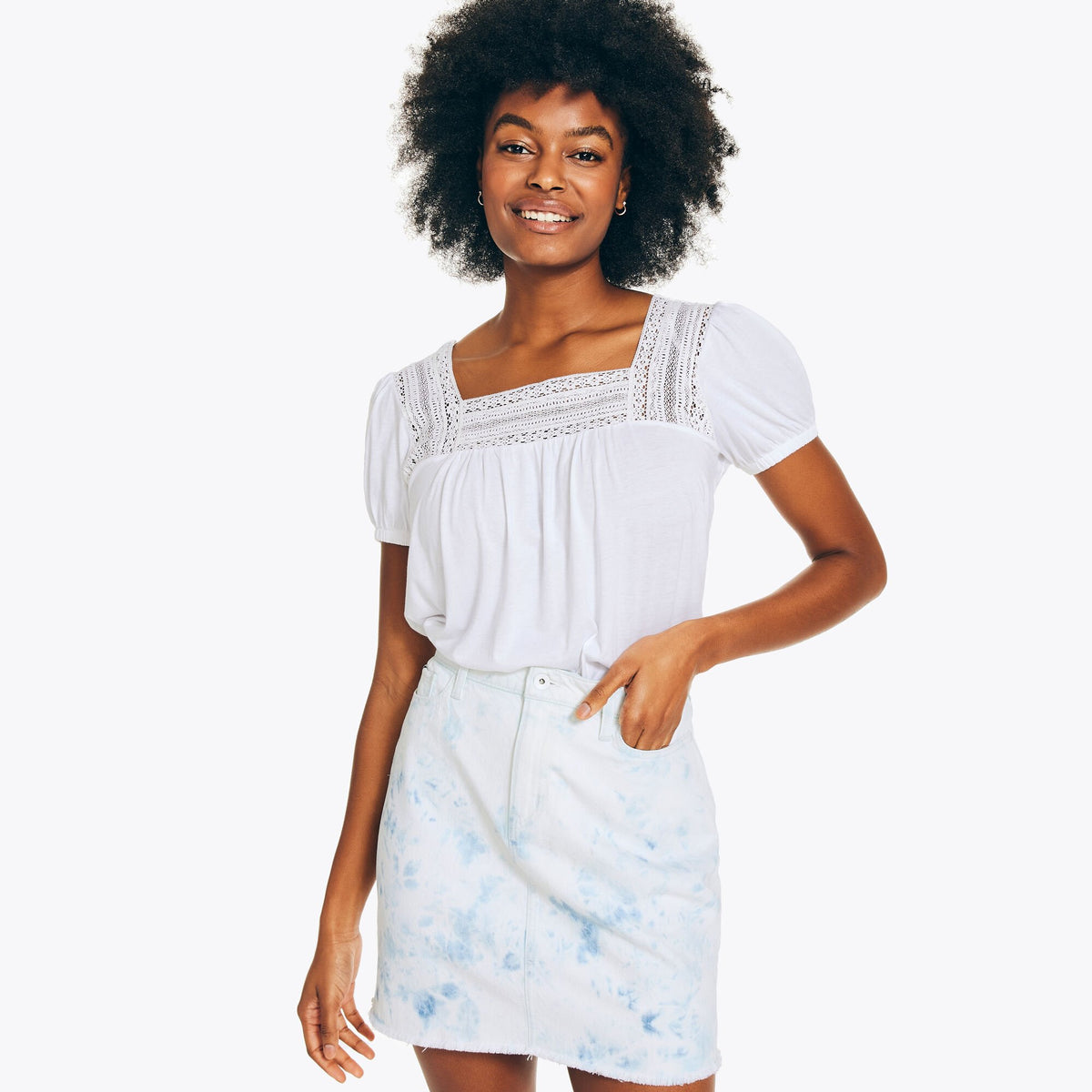 Nautica Women's Mixed Media Square-Neck Top Bright White
