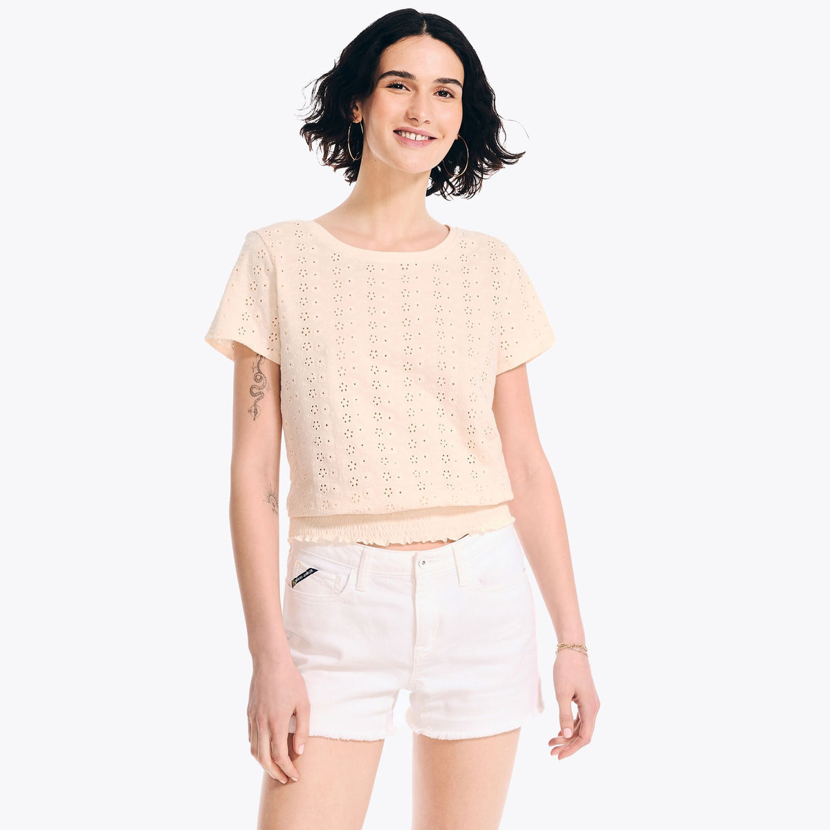 Nautica Women's Embroidered Smocked Top Almond