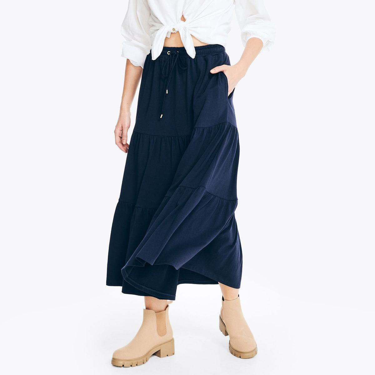 Nautica Women's Sustainably Crafted Tiered Midi Skirt Stellar Blue Heather