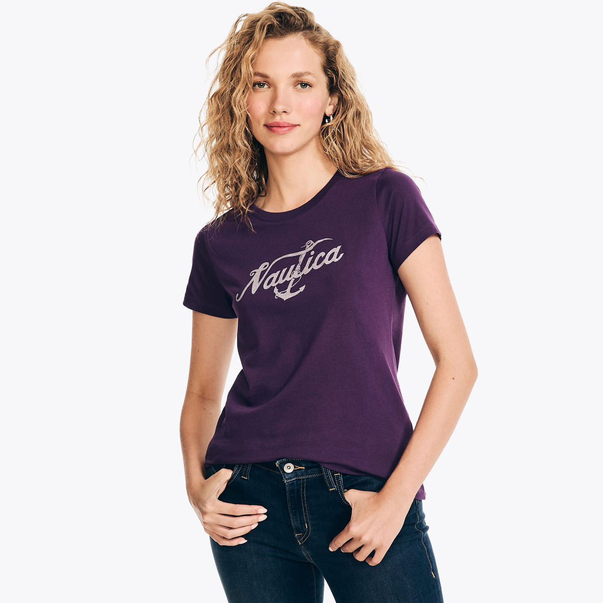 Nautica Women's Sustainably Crafted Anchor Glitter Graphic T-Shirt Majestic Purple
