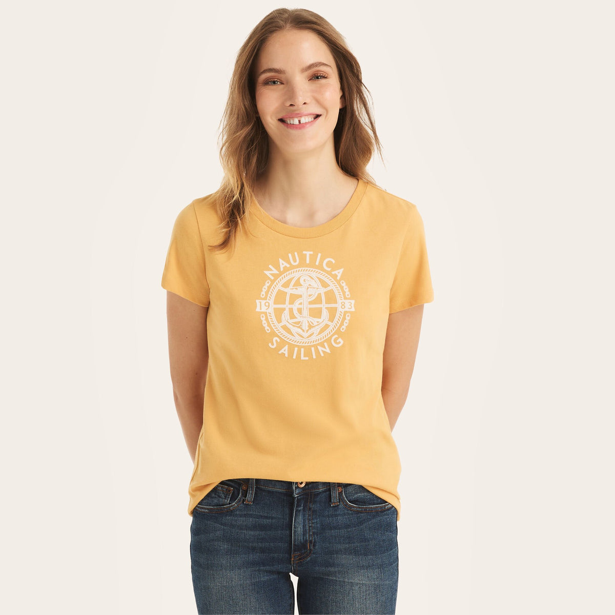 Nautica Women's Sustainably Crafted Sailing Logo Graphic T-Shirt Golden Apricot