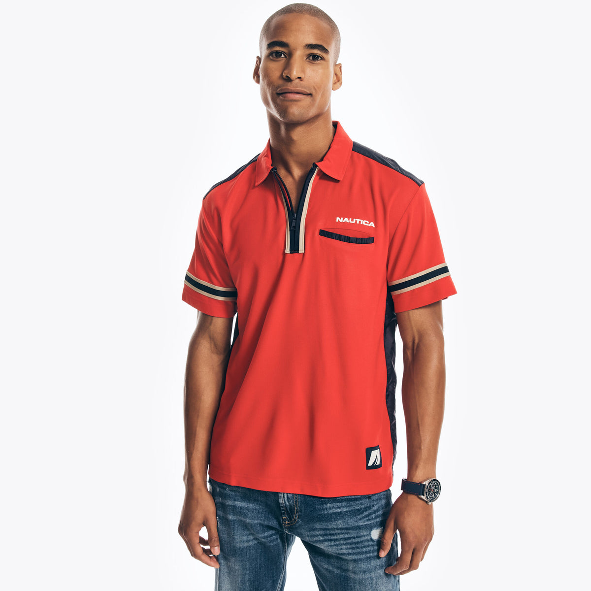 Nautica Men's Navtech Sustainably Crafted Mixed Media Polo Tomales Red