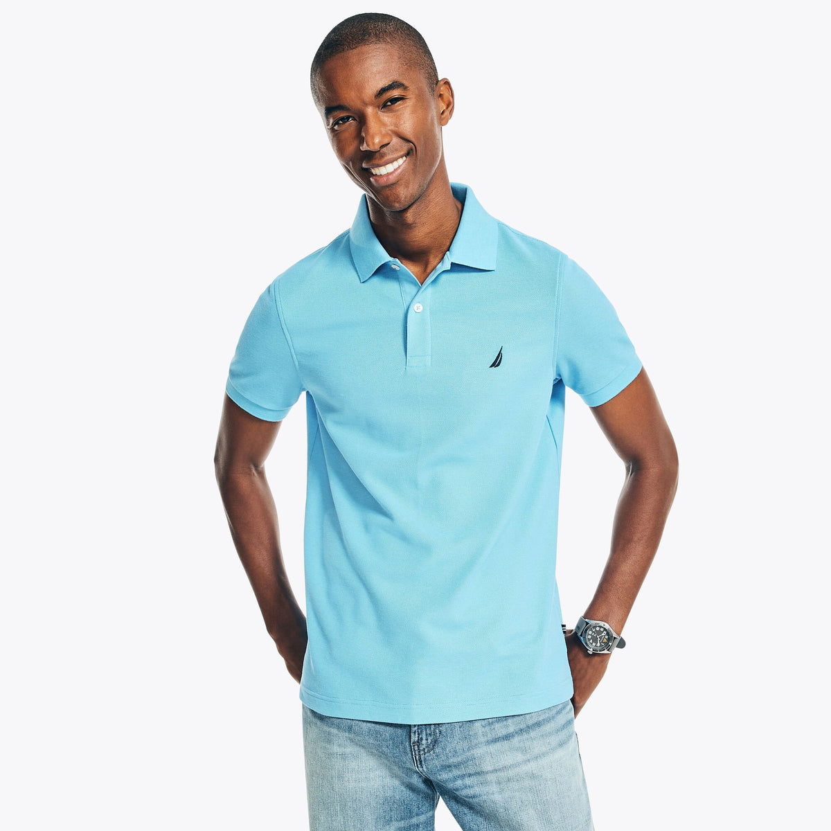 Nautica Men's Sustainably Crafted Slim Fit Deck Polo Azure Blue