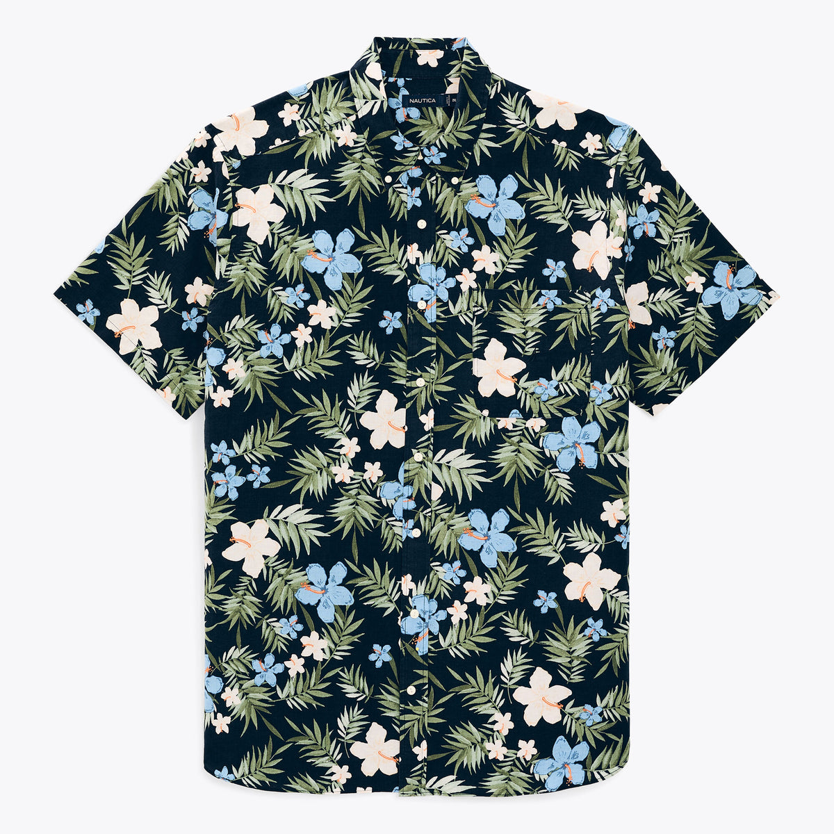 Nautica Men's Big & Tall Sustainably Crafted Floral-Print Linen Short-Sleeve Shirt Navy