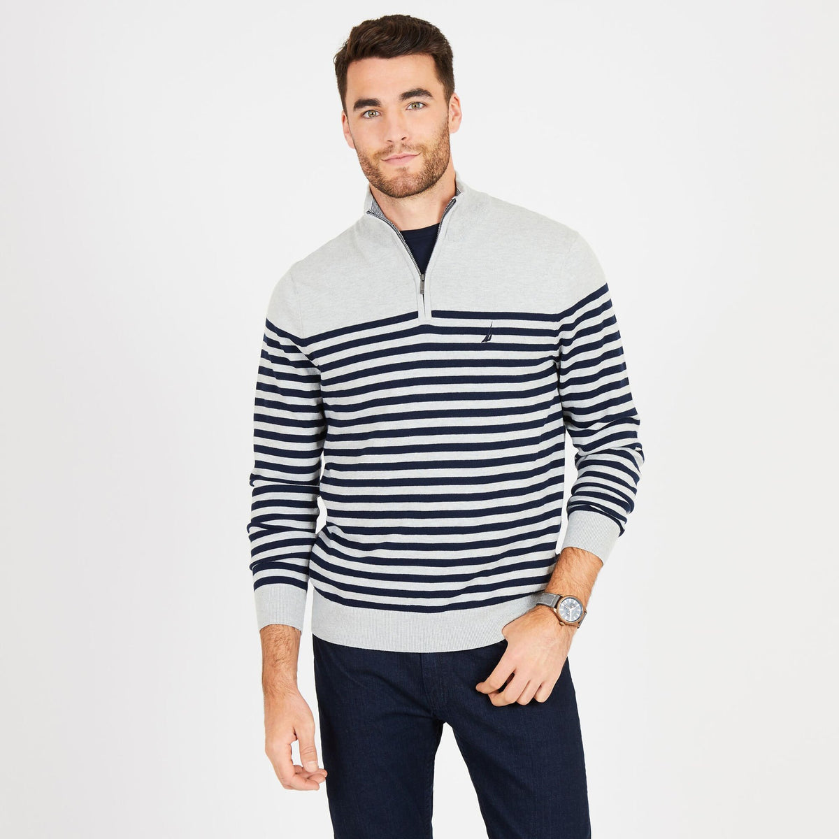 Nautica Men's Big & Tall Mock-Neck Breton Stripe Sweater Grey Heather