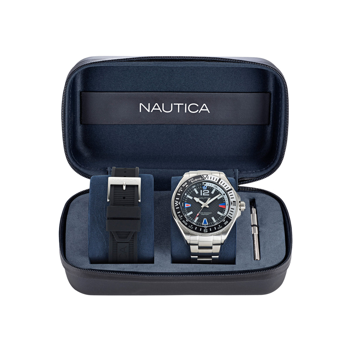 Nautica Men's Clearwater Beach Stainless Steel And Silicone Watch Box Set Multi