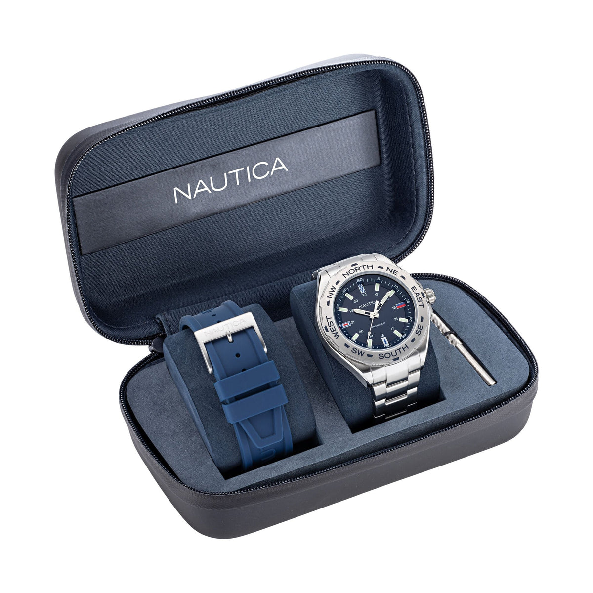 Nautica Men's Clearwater Beach Recycled Stainless Steel And Silicone Watch Box Set Multi
