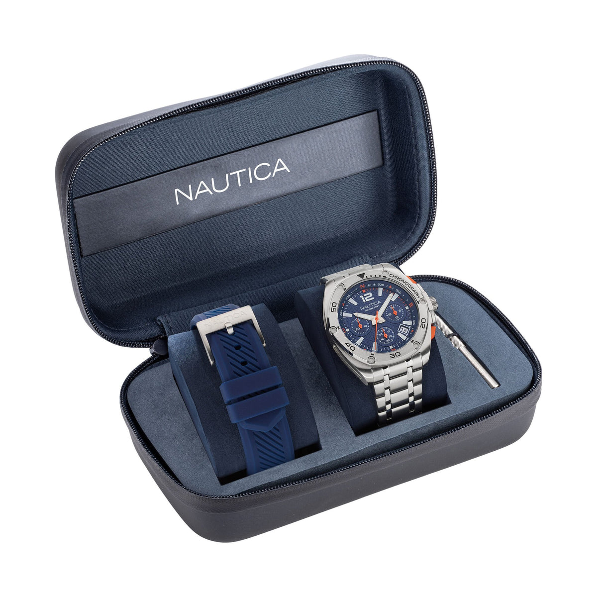Nautica Men's Tin Can Bay Stainless Steel And Silicone Watch Box Set Multi