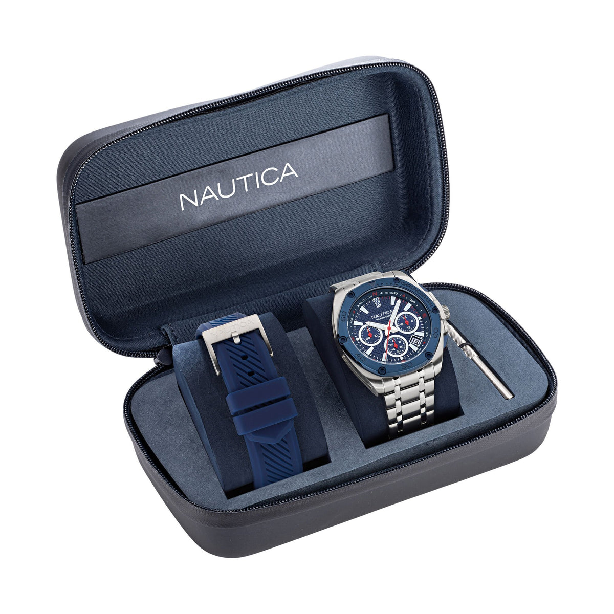 Nautica Men's Tin Can Bay Recycled Stainless Steel And Silicone Watch Box Set Multi