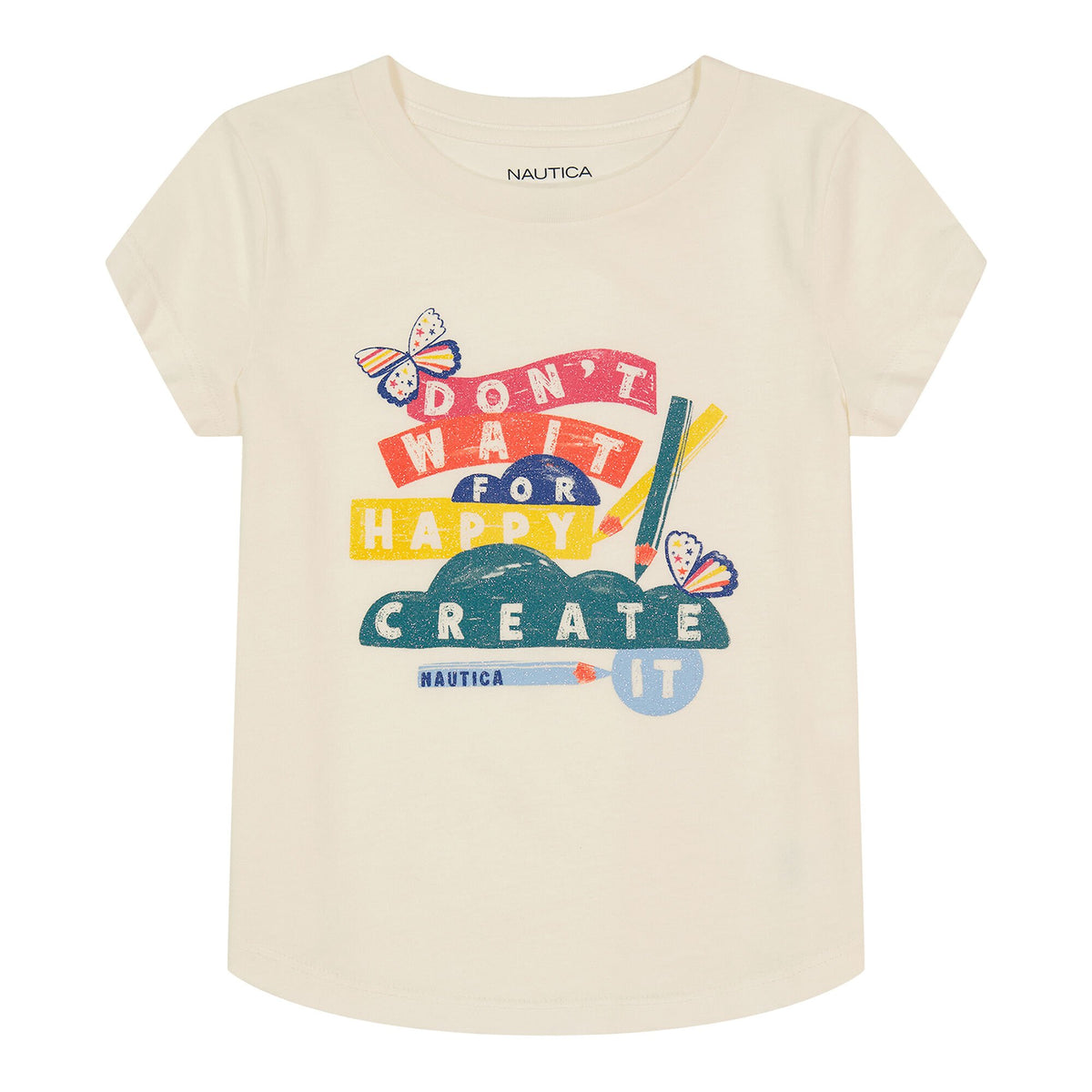 Nautica Girls' Don't Wait For Happy Glitter Graphic T-Shirt (7-16) Egret