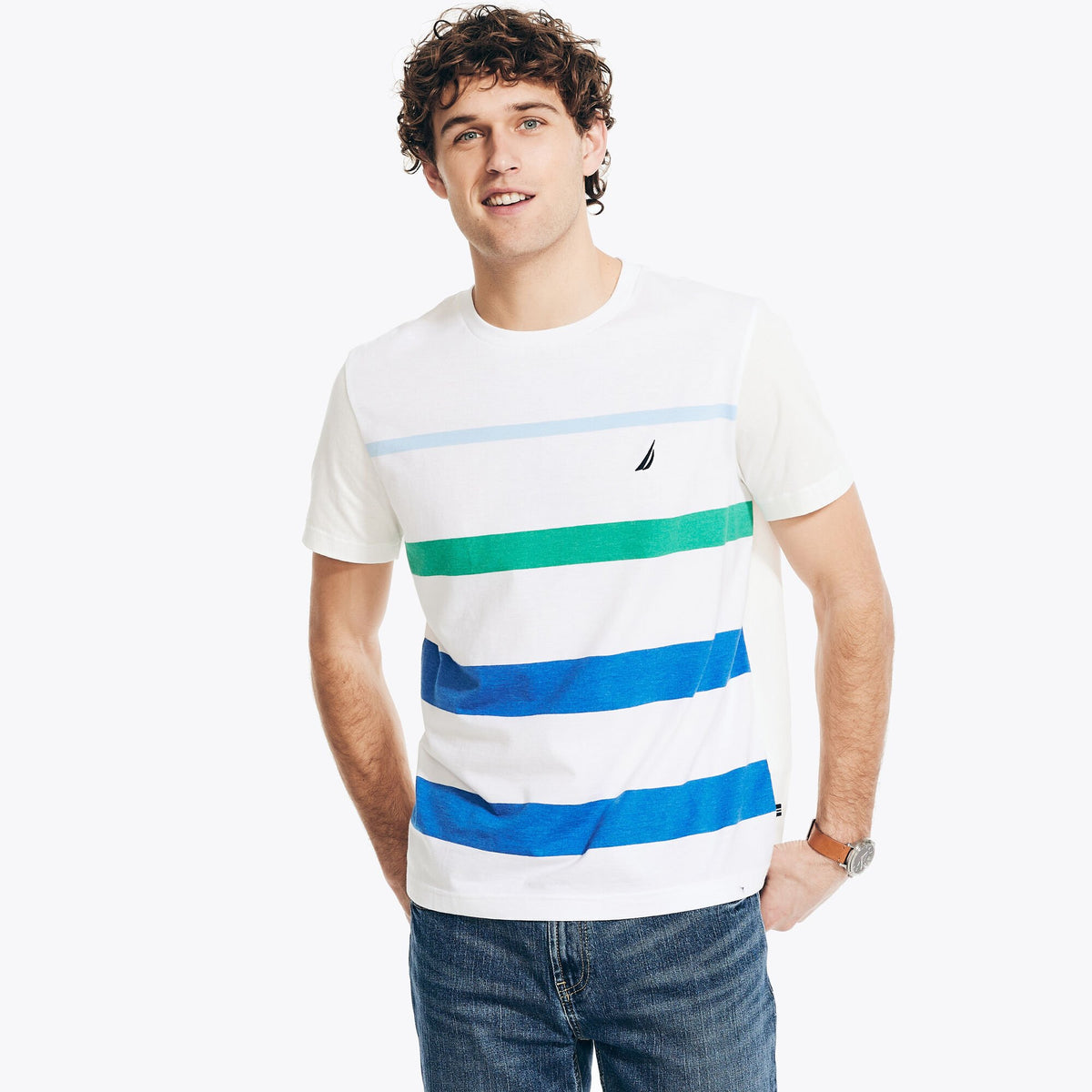 Nautica Men's Big & Tall Striped Crewneck T-Shirt Bright White