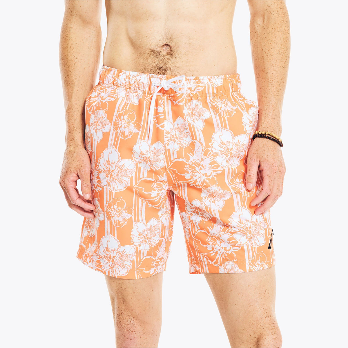 Nautica Men's Sustainably Crafted 8" Hibiscus Striped Swim Orange