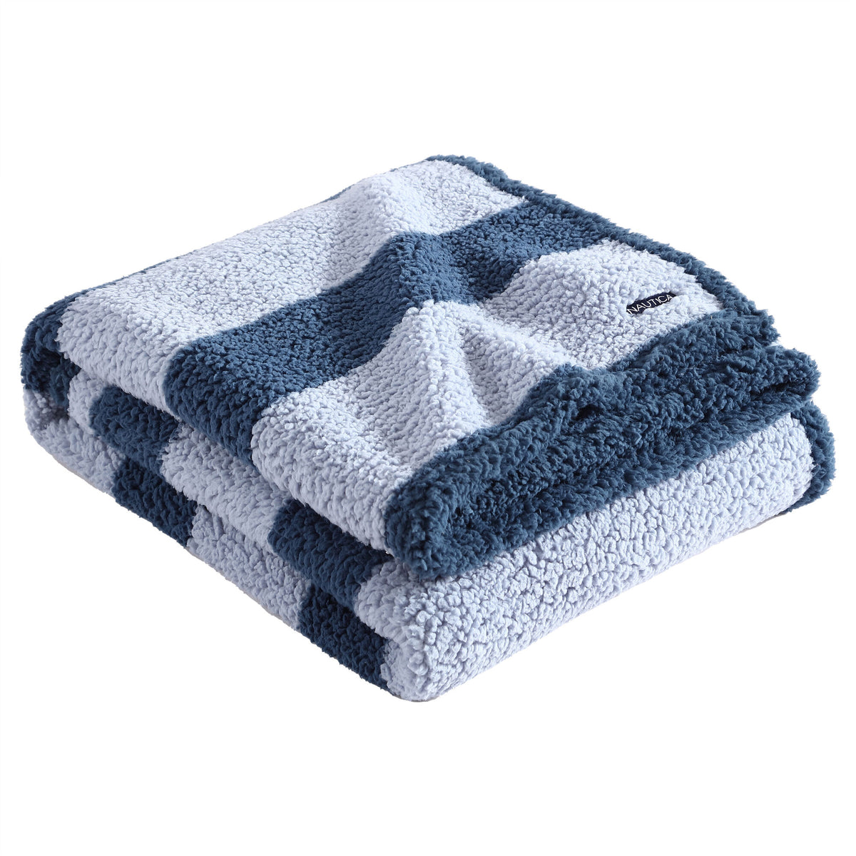 Nautica Lawndale Blue Striped Faux Shearling Throw Blanket Classic Blue