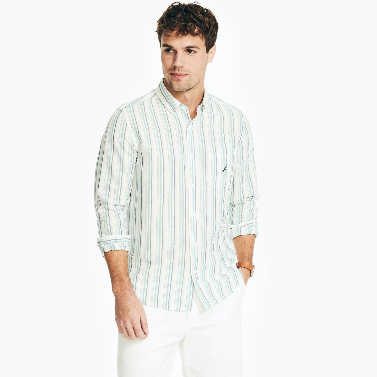 Nautica Men's Sustainably Crafted Striped Oxford Shirt Sail White