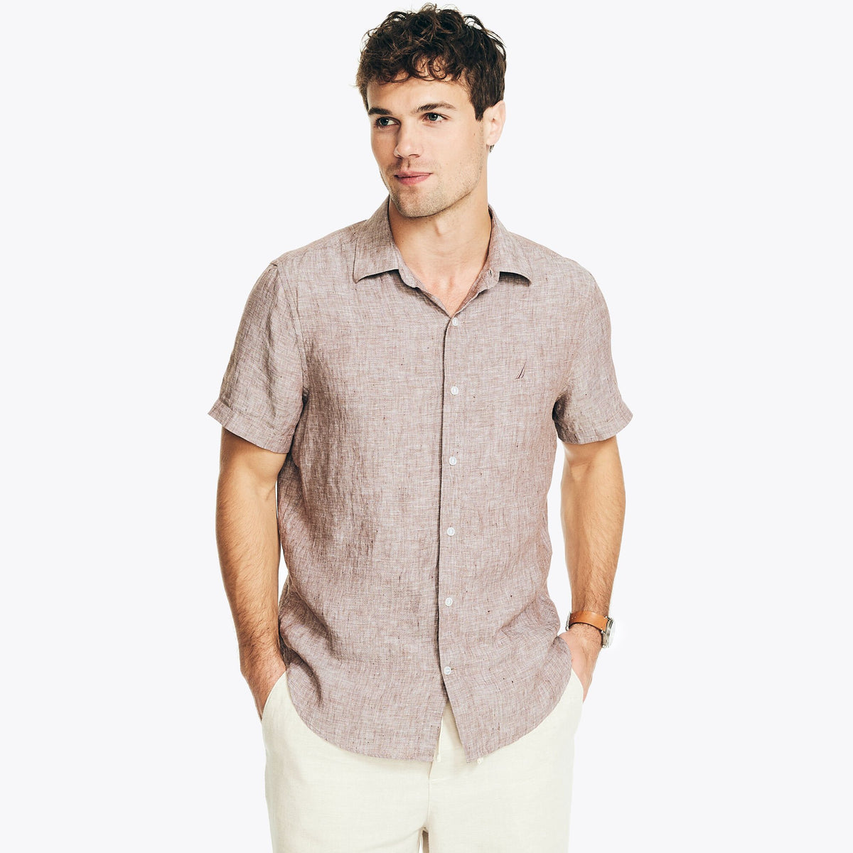 Nautica Men's Sustainably Crafted Short-Sleeve Linen Shirt Stonesand
