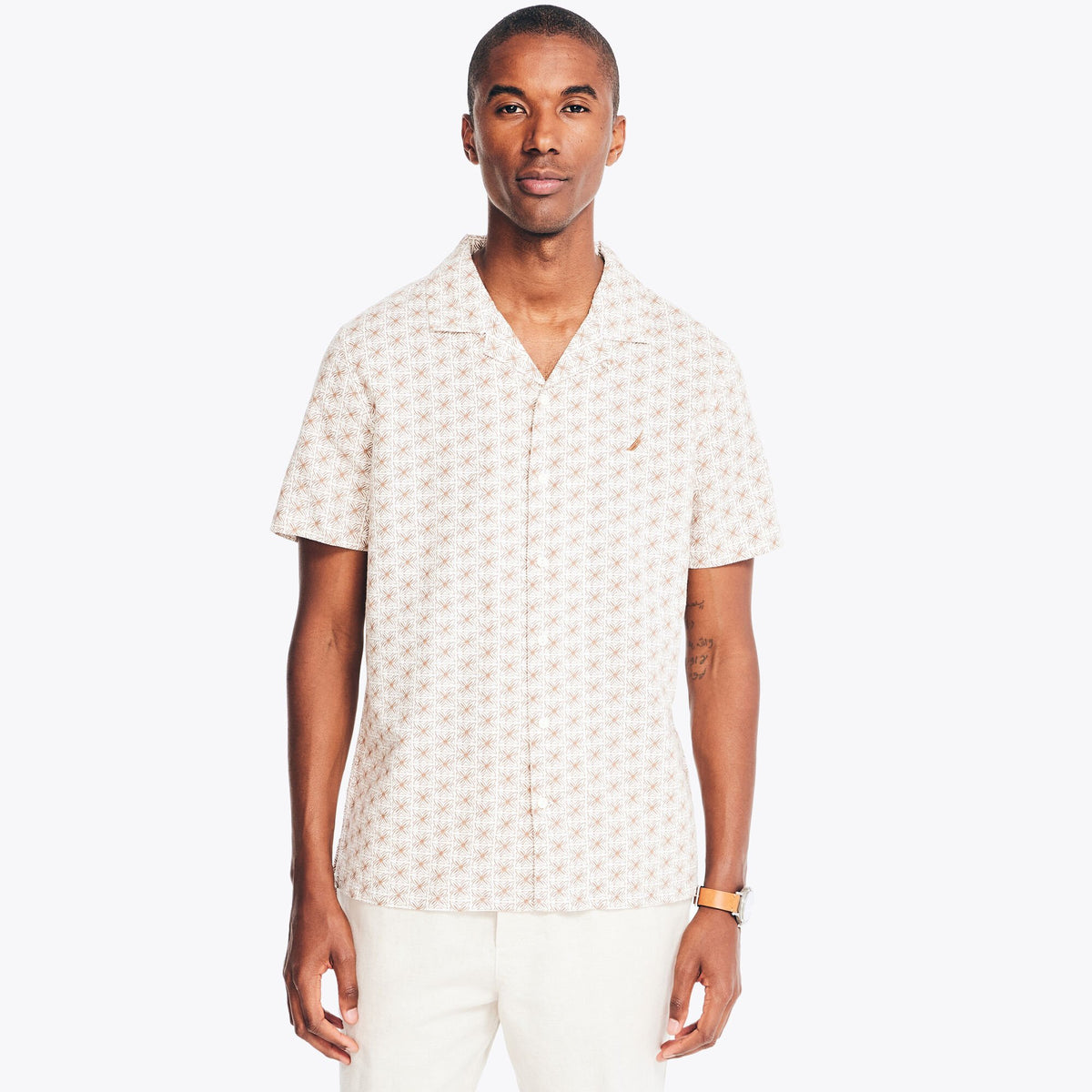 Nautica Men's Sustainably Crafted Printed Linen Short-Sleeve Shirt Sail White