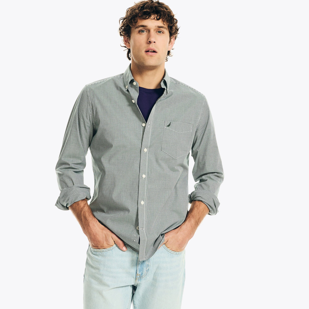 Nautica Men's Wrinkle-Resistant Plaid Wear To Work Shirt Pacific Pine