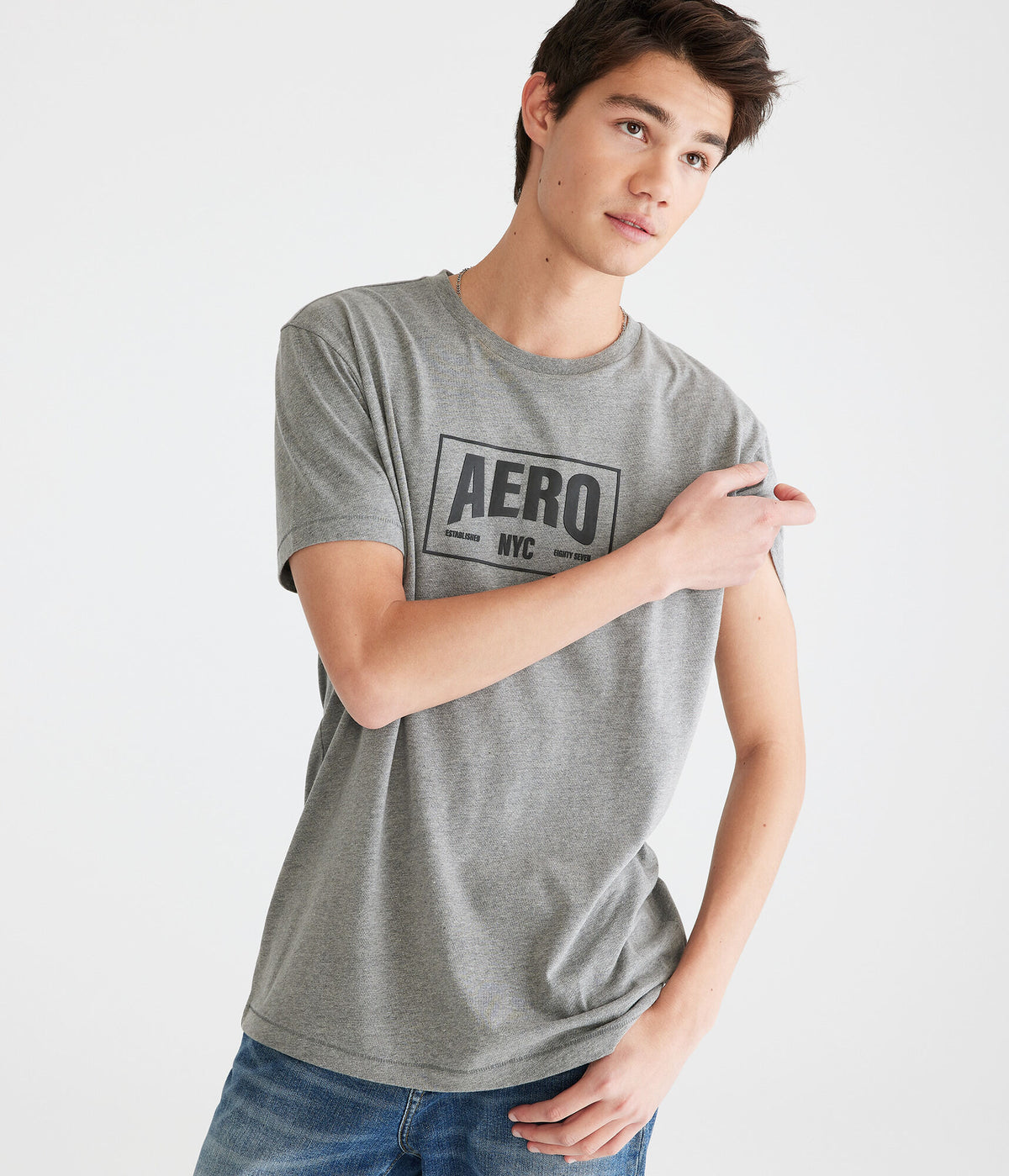 Aeropostale Mens' NYC Box Logo Graphic Tee - Grey - Size L - Cotton - Teen Fashion & Clothing Med Hthr Grey