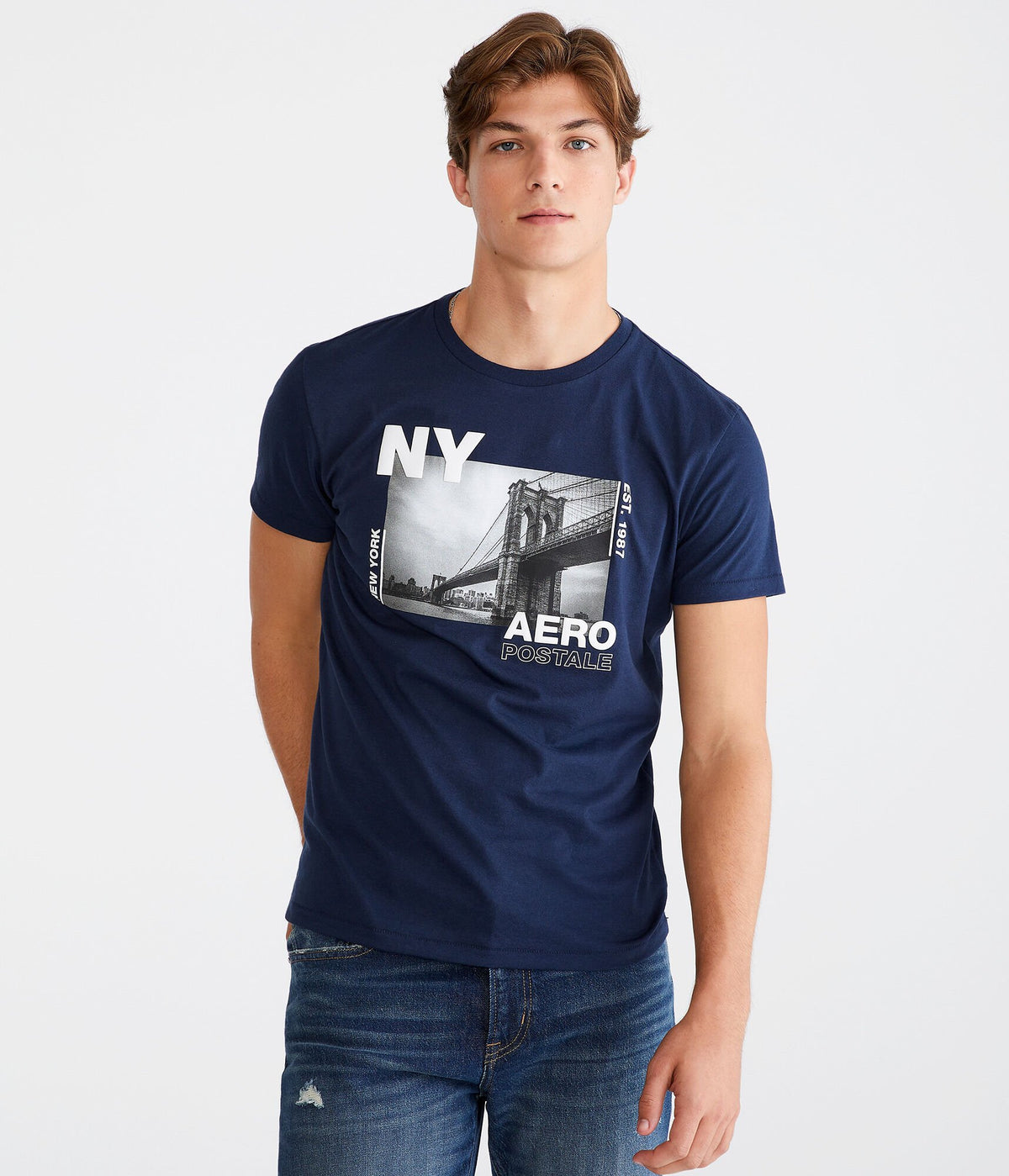 Aeropostale Mens' Aeropostale NY Bridge Graphic Tee - Navy Blue - Size XL - Cotton - Teen Fashion & Clothing Cadet Navy