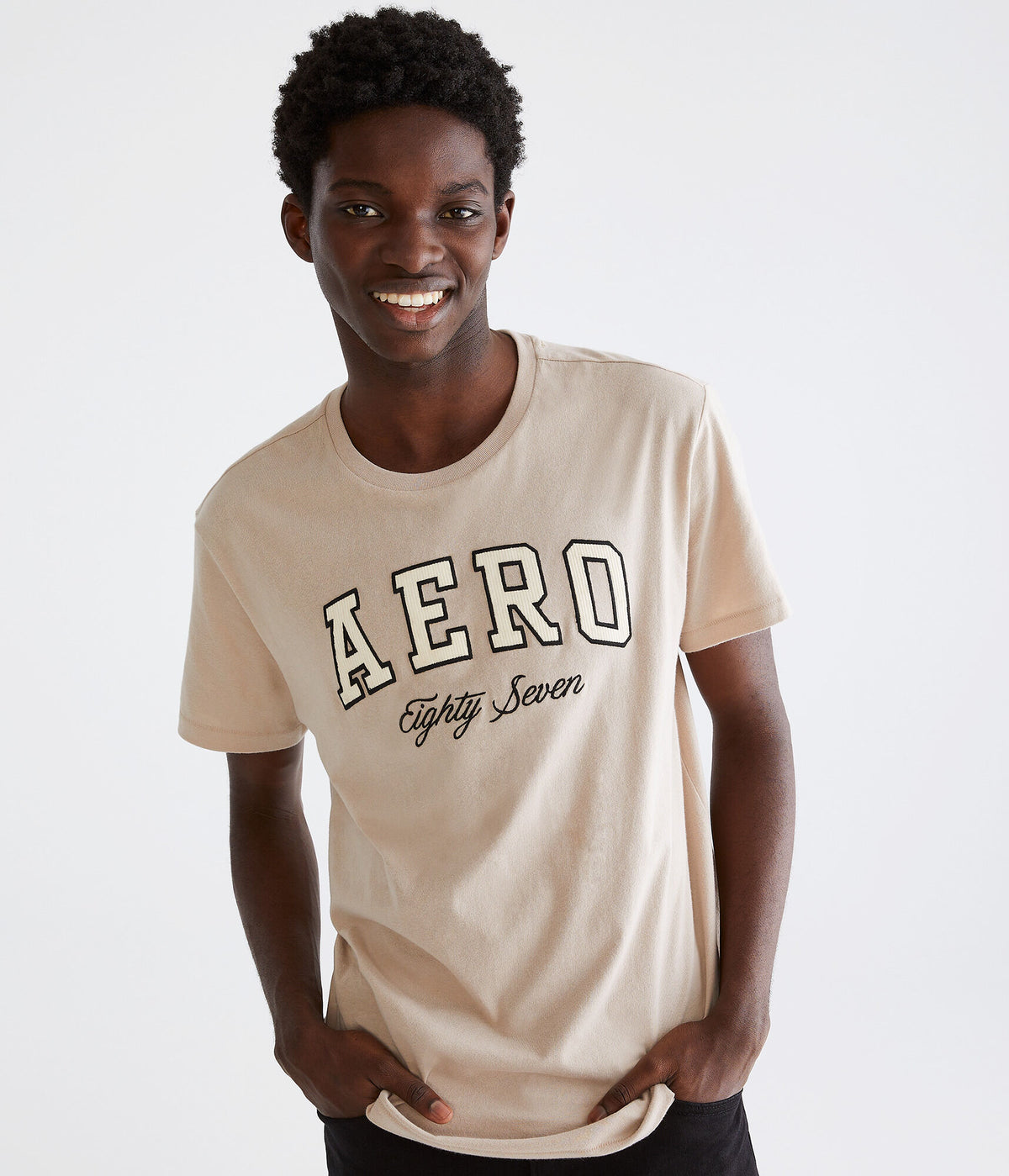 Aeropostale Mens' Eighty Seven Applique Graphic Tee - Beige - Size M - Cotton - Teen Fashion & Clothing Warm Taupe