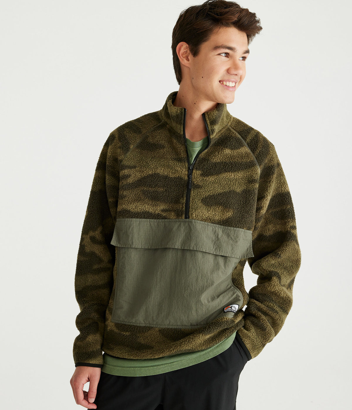 Aeropostale Mens' Camo Mixed Media Quarter-Zip Fleece Pullover - Green - Size L - Polyester - Teen Fashion & Clothing Basque Olive