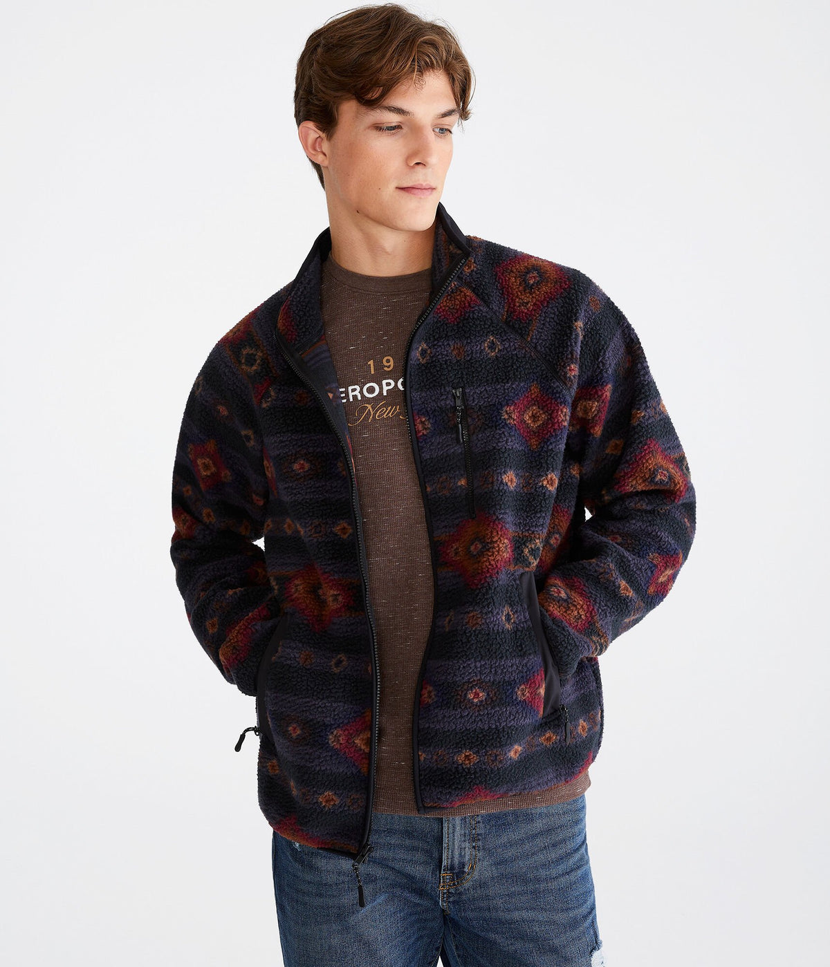 Aeropostale Mens' Geometric Print Sherpa Fleece Full-Zip Jacket -  - Size 3XL - Polyester - Teen Fashion & Clothing Black