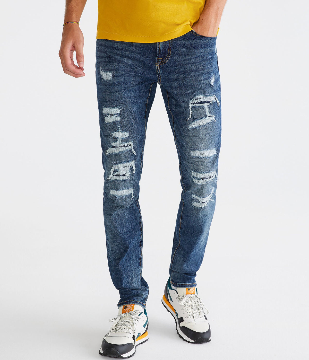 Aeropostale Mens' Skinny Premium Max Stretch Jean with COOLMAX Technology - Washed Denim - Size 32X30 - Cotton - Teen Fashion & Clothing Medium Wash