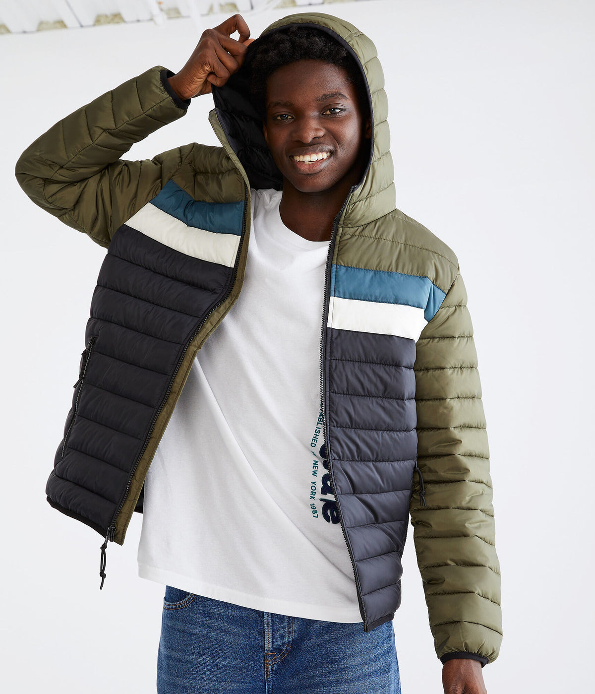 Aeropostale Mens' Colorblock Hooded Midweight Puffer Jacket - Light Green - Size XL - Polyester - Teen Fashion & Clothing Caper Green