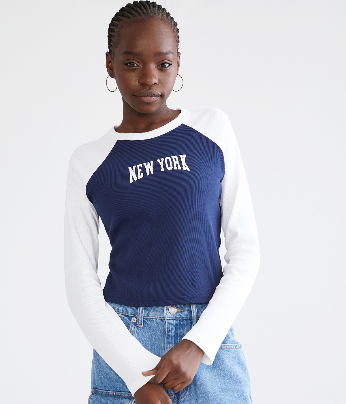Aeropostale Womens' Long Sleeve New York Raglan Graphic Tee - Navy Blue - Size XXL - Cotton - Teen Fashion & Clothing Naval Blue