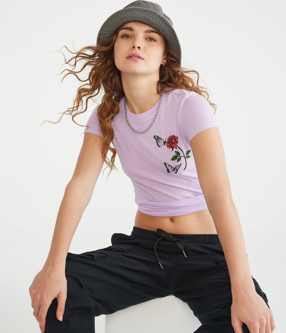 Aeropostale Womens' Rose & Butterflies Graphic Tee -  - Size XS - Cotton - Teen Fashion & Clothing Light Purple