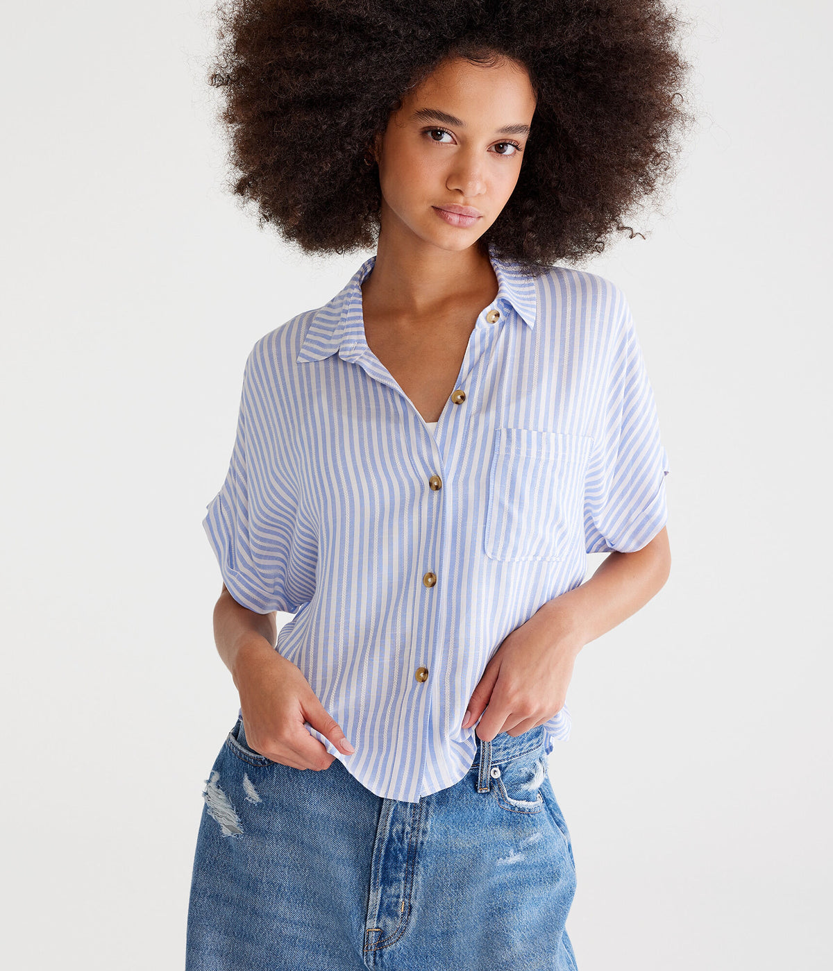 Aeropostale Womens' Vertical Stripe Shirt - Blue - Size XS - Rayon - Teen Fashion & Clothing Beyond Blue