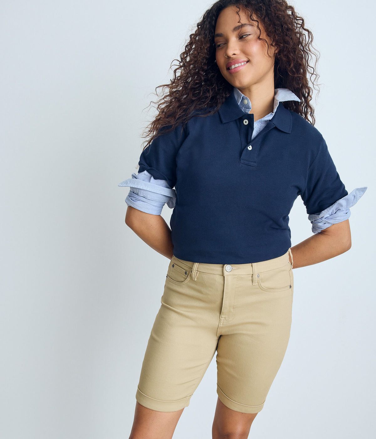 Aeropostale Womens' Curvy Seriously Stretchy High-Rise Uniform Bermuda Shorts - Tan - Size 10 - Cotton - Teen Fashion & Clothing Summer Tan
