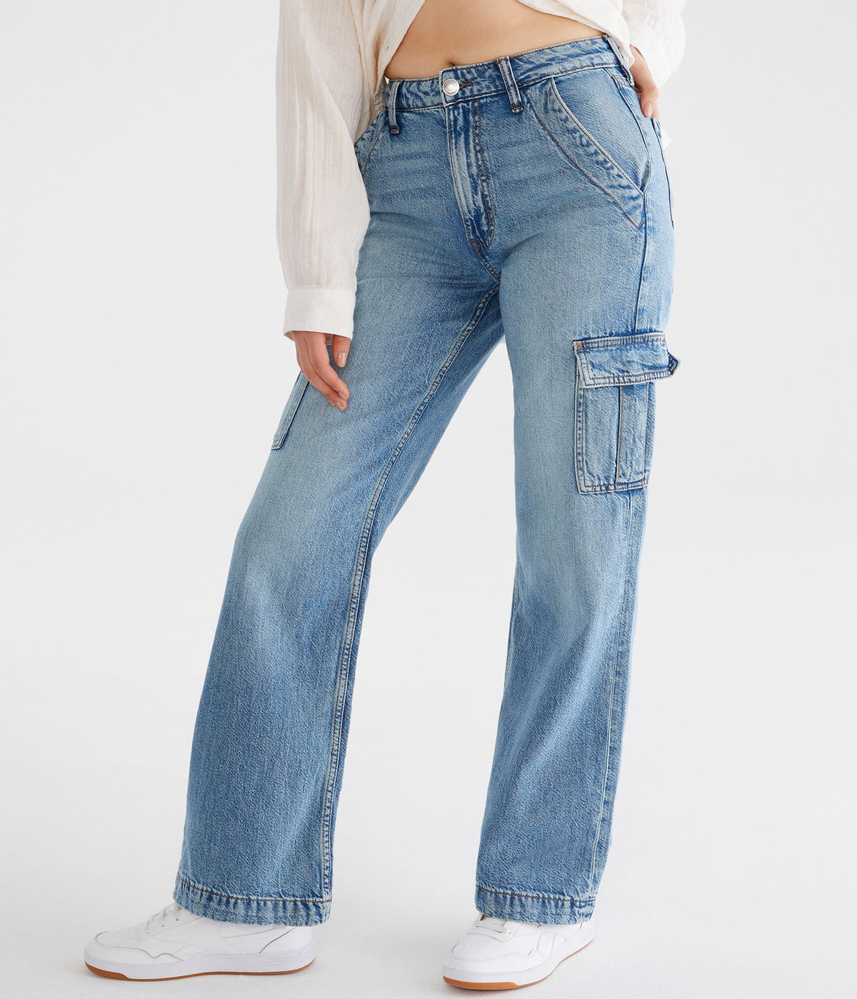 Aeropostale Womens' Super High-Rise Cargo Wide Leg Jean - Washed Denim - Size 0 R - Cotton - Teen Fashion & Clothing Medium Wash
