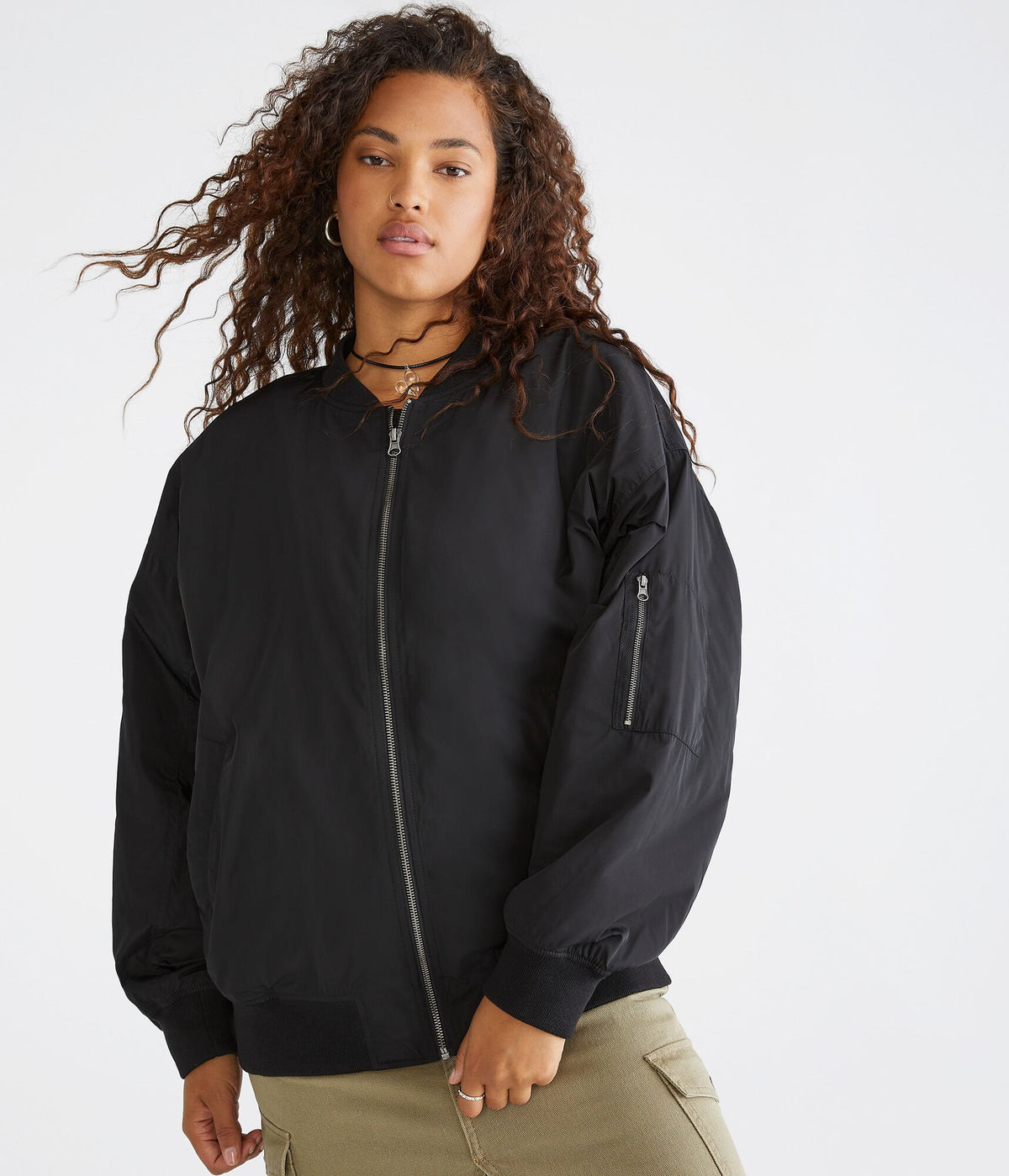 Aeropostale Womens' Oversized Sherpa-Lined Bomber Jacket -  - Size XXL - Polyester - Teen Fashion & Clothing Black