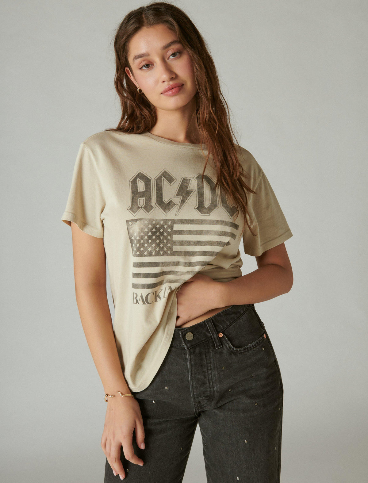 Lucky Brand Back In Back Acdc Boyfriend Tee - Women's Clothing Tops Shirts Tee Graphic T Shirts Gray Morn