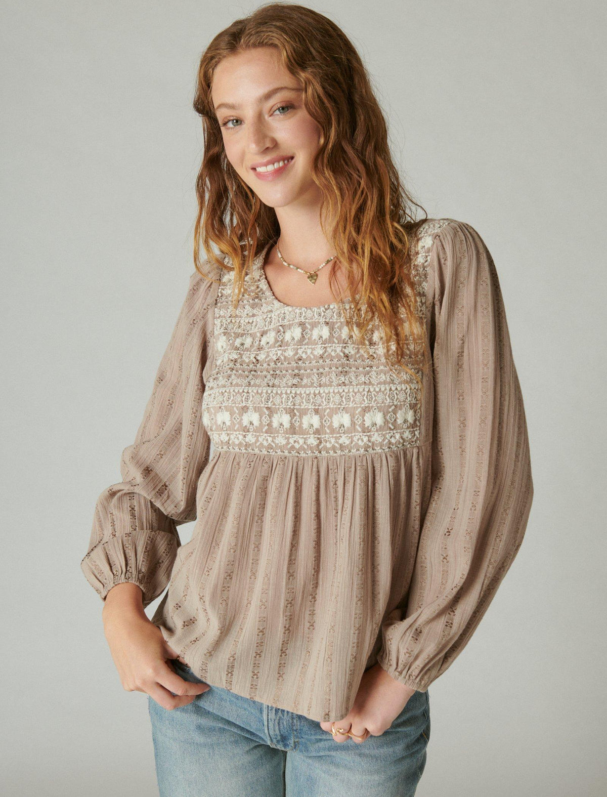Lucky Brand Beaded Embroidered Peasant Top - Women's Clothing Peasant Tops Shirts Silver