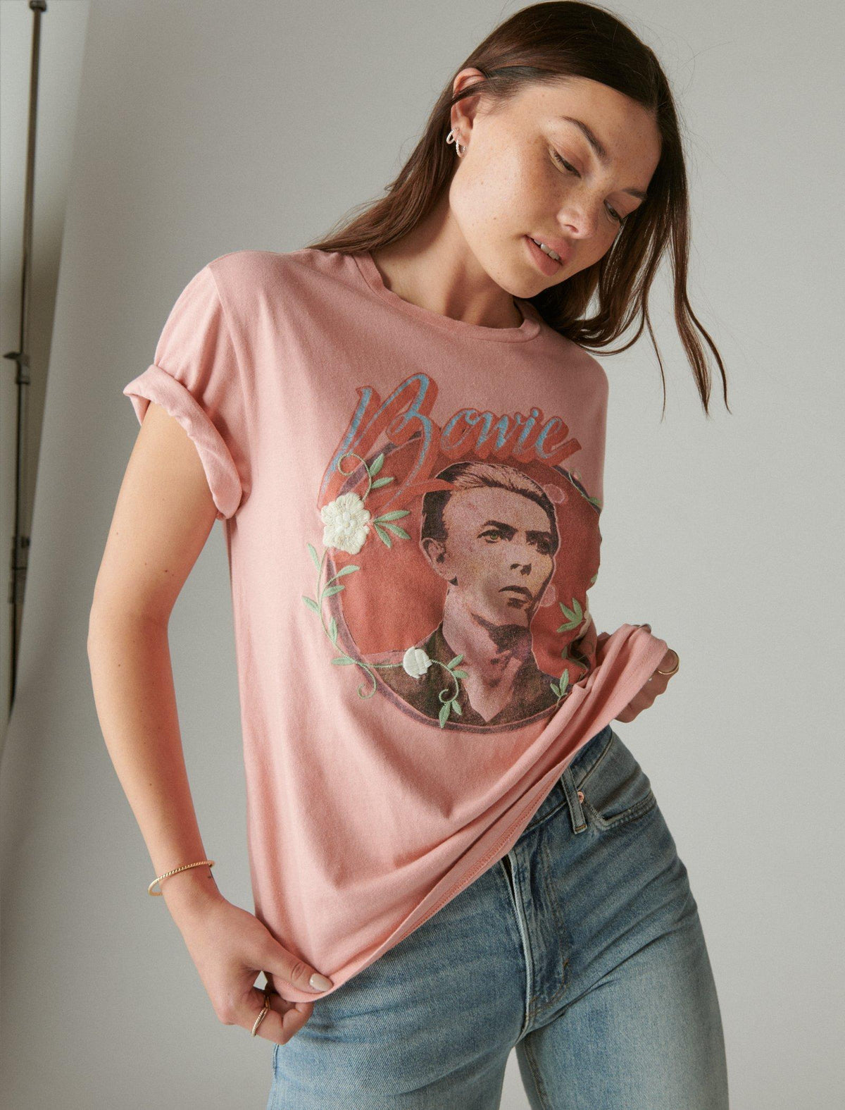 Lucky Brand Bowie Embroidery Boyfriend Tee - Women's Clothing Tops Shirts Tee Graphic T Shirts Rosette