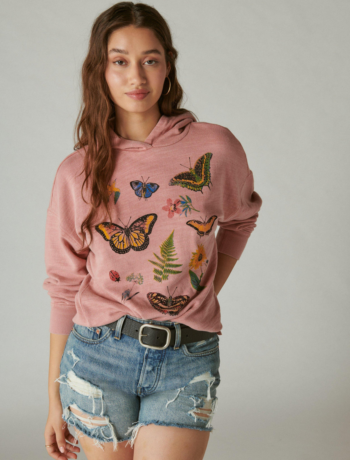 Lucky Brand Butterfly Floral Motif Pullover - Women's Clothing Outerwear Tops Sweatshirts Crewneck Pullovers Antler